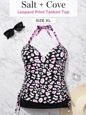 Salt + Cove Black Pink Leopard Print Tankini Top